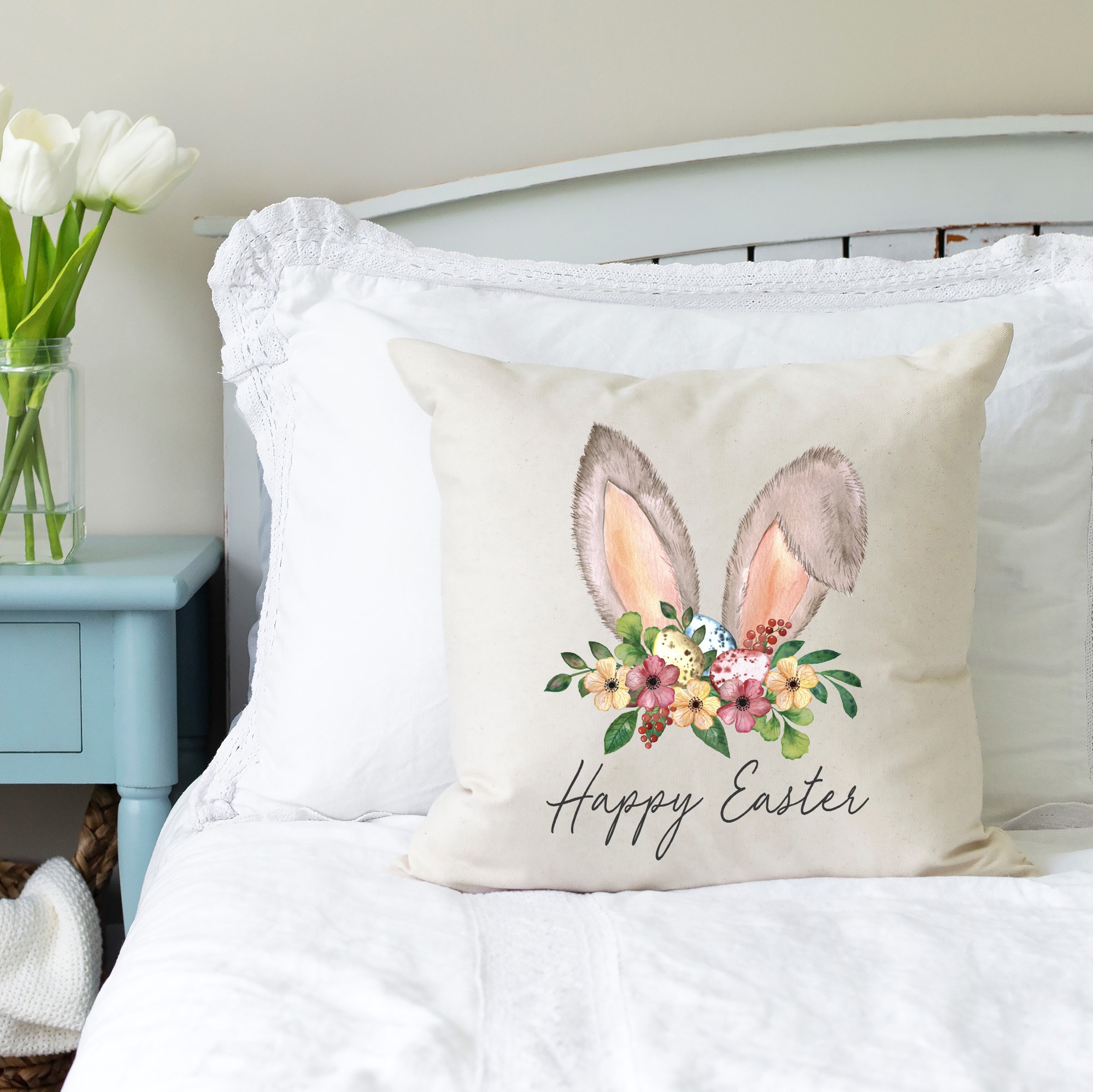 Happy Easter Bunny Ears Pillow Cover 18x18 inch Jane